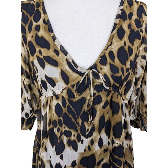 Vintage Y2K Babydoll Blouse Tunic Small Sheer Bishop Sleeve Leopard Lined Ruffle - Picture 2 of 6